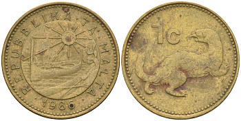 Мальта 1 цент 1986 ласка, горностай KM 78 никель латунь 4585-1147