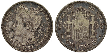 Испания 1 песета 1899 (99) SG-V, Альфонсо XIII (1886-1931) KM 706 (Y88) серебро 4566-627