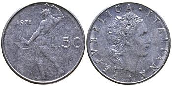 ИТАЛИЯ 50 ЛИР 1978 R, БОГ ОГНЯ ВУЛКАН У НАКОВАЛЬНИ KM 95.1 нержавеющая сталь 59-2032