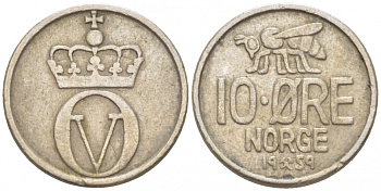 НОРВЕГИЯ 10 ЭРЕ 1959 ПЧЕЛА, ПЕРВЫЙ ГОД KM 411 медно-никель 3309-736
