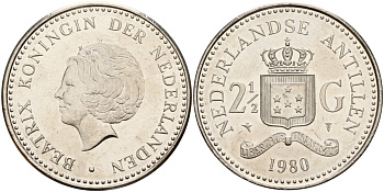 Нидерландские Антилы 2 1/2 гульдена 1980 Беатрикс (1980-2013) KM 19 никель UNC 4179-335