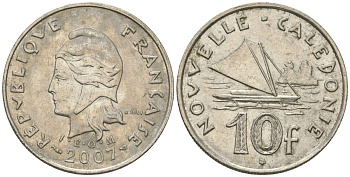 Французская Новая Каледония 10 франков 2007 рыбачья парусная лодка, (IEOM) KM 11a, Schoen 13a, Lec 99k медно-никель 56-1126