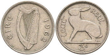 Ирландия 3 пенса 1962 заяц KM 12a медно-никель 4596-1067