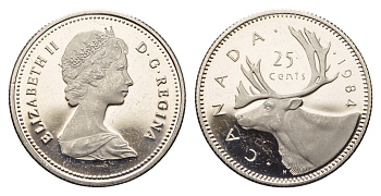 Канада 25 центов 1984 Елизавета II (1952-2022), олень KM 74 никель PROOF 413-4241