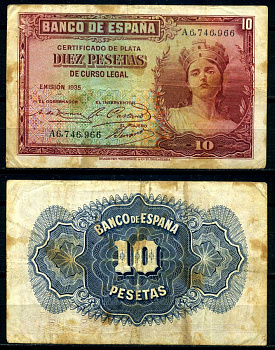 Испания 10 песет 1935 Bradbury Wilkinson, New Malden Pick 86а бумага 7203-47-1-2