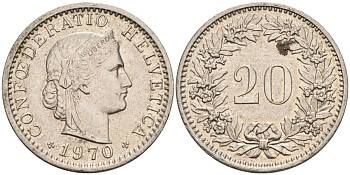 Швейцария 20 раппенов 1970 KM 29а медно-никель 4592-922