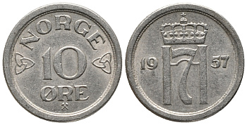НОРВЕГИЯ 10 ЭРЕ 1957 ХОКОН VII (1905-1957) KM 396 медно-никель 66-147