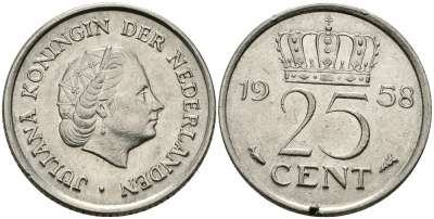 НИДЕРЛАНДЫ 25 ЦЕНТОВ 1958 ЮЛИАНА KM 183 никель 96-141