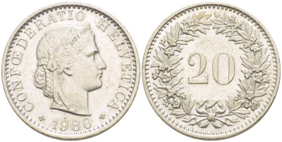 Швейцария 20 раппенов 1980 KM 29а медно-никель 4544-326