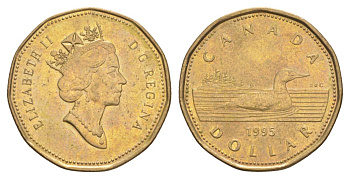 Канада 1 доллар 1995 Елизавета II (1952-2022), утка KM 186 никель плакированный позолоченной бронзой 4631-812