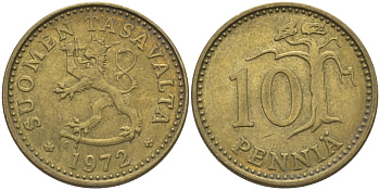 ФИНЛЯНДИЯ 10 ПЕННИ 1972 S KM 46 алюминиевая бронза 100-211