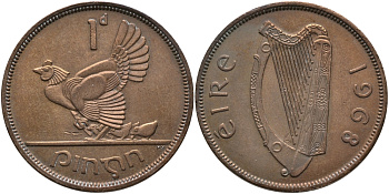 ИРЛАНДИЯ 1 ПЕННИ 1968 КУРИЦА С ЦЫПЛЯТАМИ KM 11 бронза 3457-243