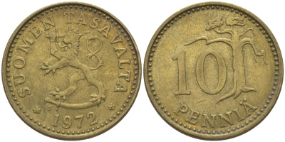 ФИНЛЯНДИЯ 10 ПЕННИ 1972 S KM 46 алюминиевая бронза 100-211