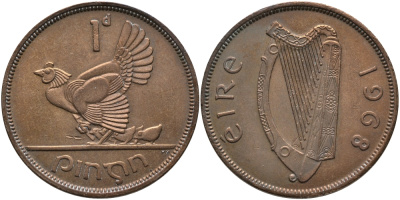 ИРЛАНДИЯ 1 ПЕННИ 1968 КУРИЦА С ЦЫПЛЯТАМИ KM 11 бронза 3457-243