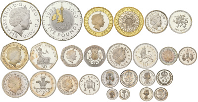 Великобритания набор из 13 монет (1, 2, 3, 4, 5, 10, 20 и 50 пенсов; 1, 2 и 5 фунтов) 2000 в красочной оригинальной упаковке, с сертификатом KM PS115 (898, 899, 901, 902, 986b, 987b, 988a, 989a, 990a, 991a, 994a, 1005a, 1006a) серебро    14-01-03-11