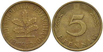 ФРГ 5 пфеннигов 1972 D J.382, KM 107 сталь плакированная латунью    4598-953