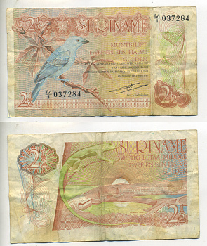 Суринам 2 1/2 гульдена 1973 голубая танагра, дамба Pick 118 а бумага 7523-30-4-2