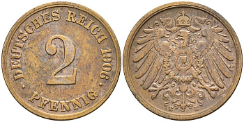 ГЕРМАНИЯ 2 ПФЕННИГА 1906 E KM 16, Jager 11, Weege 4 медь 4546-634