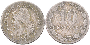 Аргентина 10 сентаво 1906 KM 35 медно-никель 4621-1048