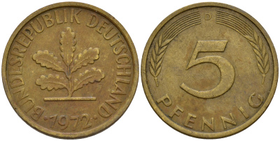 ФРГ 5 пфеннигов 1972 D J.382, KM 107 сталь плакированная латунью    4598-953