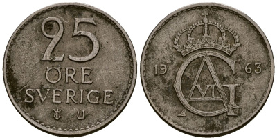 Швеция 25 эре 1963 Густав VI Адольф (1950-1973) KM 836 медно-никель 4173-743