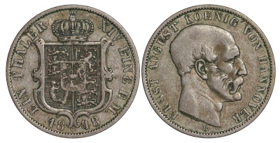 Брауншвейг-Каленберг-Ганновер 1 талер 1848 B, Эрнст Август (1837-1851) KM 208, AKS 107, Dav. 675, Kahnt 234, Thun 167 серебро 00-822-54