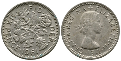 Великобритания 6 пенсов 1961 Елизавета II (1952-2022) KM 903, Spink 4149 медно-никель 4364-3642