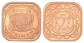 Суринам 5 центов 2008 тираж 1000 экземпляров KM 12b сталь плакированная медью BU 4625-325