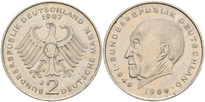ФРГ 2 марки 1987 J, Конрад Аденауэр KM 124, J. 406 медно-никель плакированный никелем    08-412