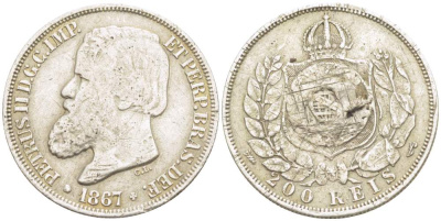 Бразилия 200 рейс 1867 Педро II (1831-1889) KM 471 серебро    4528-146