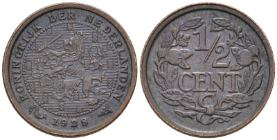 Нидерланды 1/2 цента 1928 Вильгельмина (1890-1948) KM 138 бронза 4576-512
