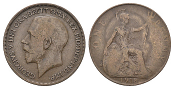Великобритания 1 пенни 1918 H, Георг V (1910-1936) KM 810, Spink 4052 бронза 4661-543