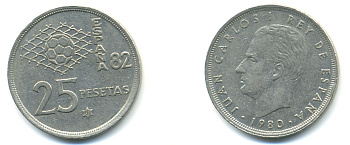 Испания 25 песет 1980 (81) чемпионат мира по футболу KM 818 медно-никель 89-651