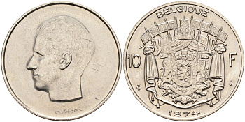 Бельгия 10 франков 1974 Belgique, Бодуэн I (1951-1993) KM 155.1 никель    4595-557