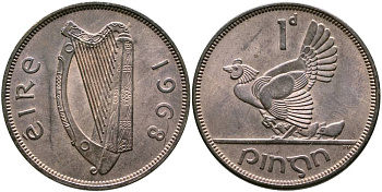 ИРЛАНДИЯ 1 ПЕННИ 1968 КУРИЦА С ЦЫПЛЯТАМИ KM 11 бронза 4531-726