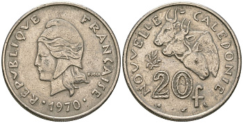 Французская Новая Каледония 20 франков 1970 три быка, (IEOM) KM 6, Schoen 8, Lec 105 никель 4120-236