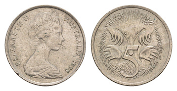 Австралия 5 центов 1978 Елизавета II (1952-2022) молодой портрет, ехидна KM 64 медно-никель 4655-1265