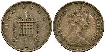 Великобритания 1 пенни 1971 Елизавета II (1952-2022) KM 915, Spink 4237 (B1) бронза 4138-1255
