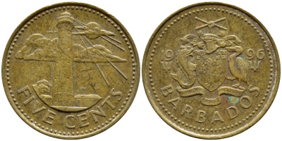 Барбадос 5 центов 1996 маяк Саут-Пойнт KM 11 латунь 4398-552