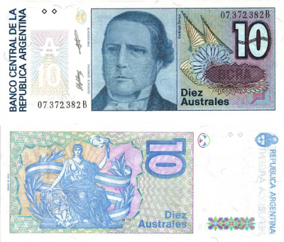 АРГЕНТИНА 10 АУСТРАЛЕЙ 1988 СЕРИЯ В 07372, САНТЬЯГО ДЕРКИ, ПРЕЗИДЕНТ АРГЕНТИНЫ Pick 325b бумага UNC (ПРЕСС) 8592-48-2-1