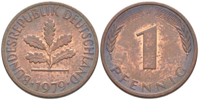 ФРГ 1 ПФЕННИГ 1979 J KM 105, J. 380 сталь плакированная медью 116-411