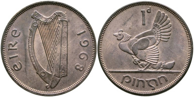 ИРЛАНДИЯ 1 ПЕННИ 1968 КУРИЦА С ЦЫПЛЯТАМИ KM 11 бронза 4531-726