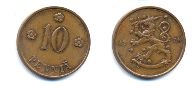 Финляндия 10 пенни 1936 республика (1918-1962) KM 24 медь 51-5516