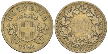 Швейцария 10 раппенов 1851 BB KM 6 серебро 4160-1115