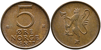 Норвегия 5 эре 1977 Улаф V (1958-1991) KM 415 бронза 29-1121