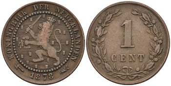 Нидерланды 1 цент 1878 Виллем III (1849-1890) KM 107 бронза 4576-543