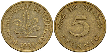ФРГ 5 пфеннигов 1991 J J.382, KM 107 сталь плакированная латунью    4598-1117