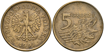 Польша 5 грошей 1991 MW KM 278 латунь 4608-755