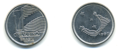 Бразилия 1 крузейро 1990 KM 617 нержавеющая сталь aUNC 93-747