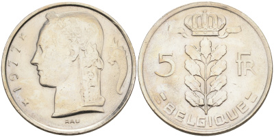 Бельгия 5 франков 1977 Belgique KM 134.1 медно-никель  UNC  4592-1226